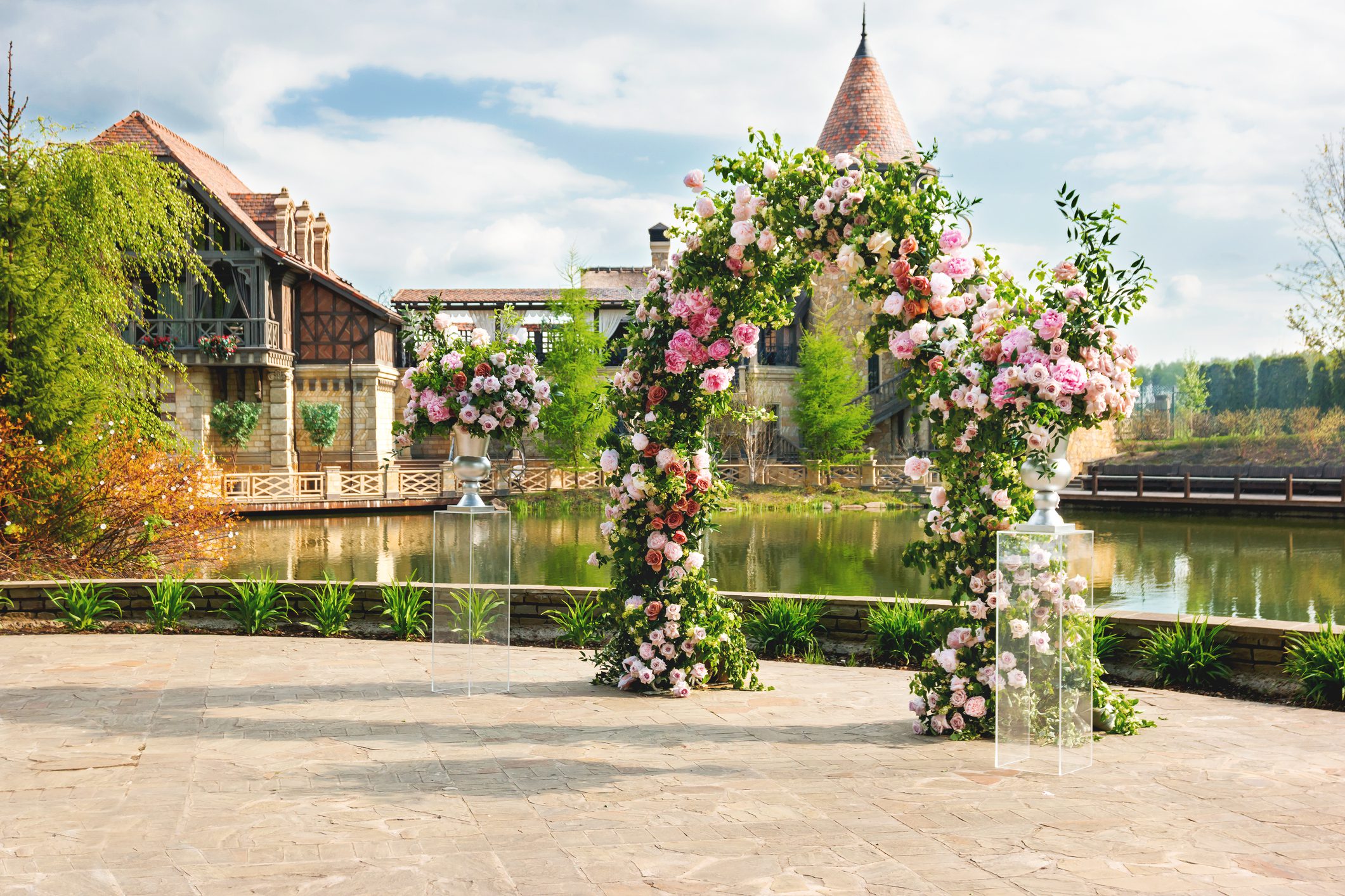 Wedding arch with pink flowers